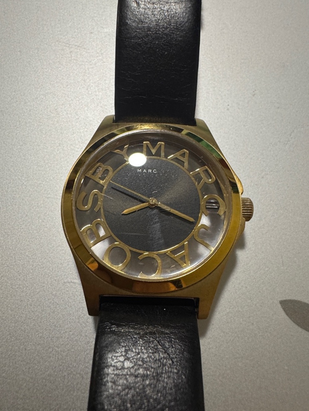 Marc by Marc Jacobs See-Through Gold Case Black Dial Leather Strap Watch